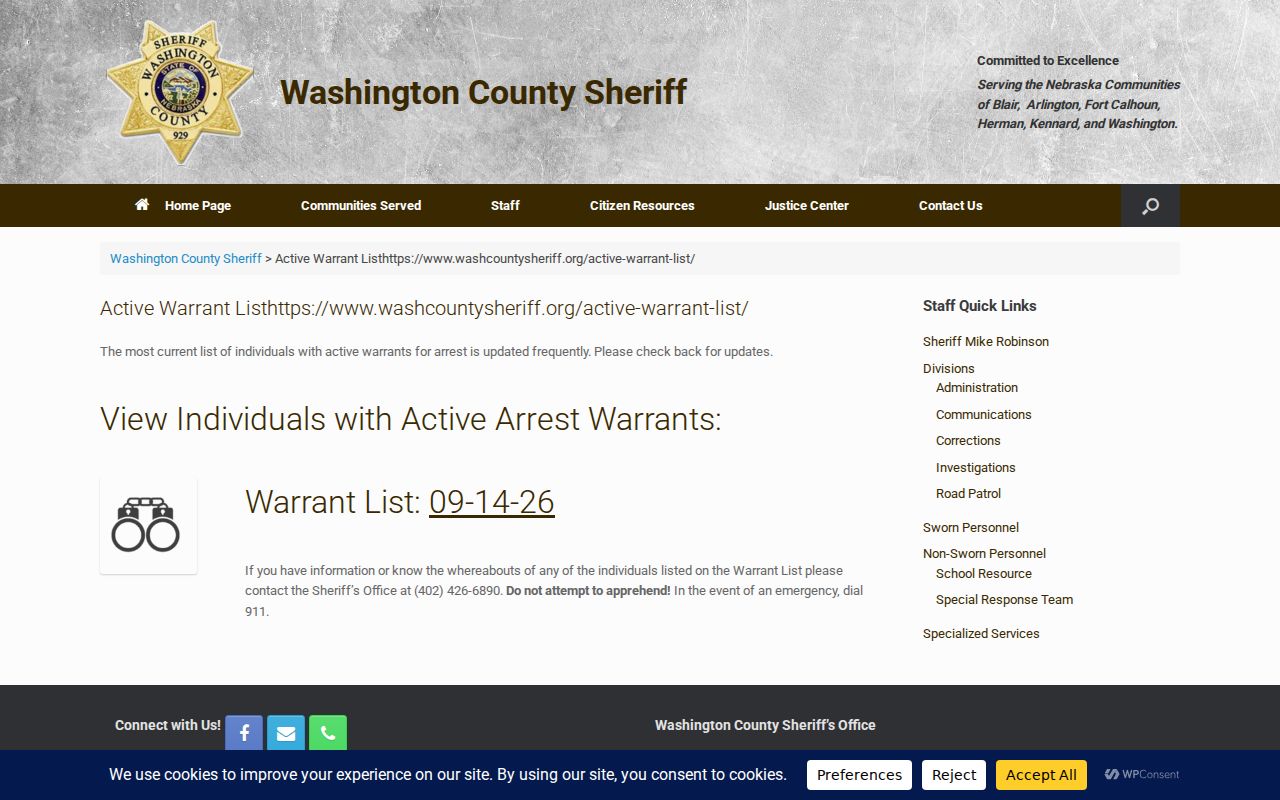 Washington County active warrant list landing page